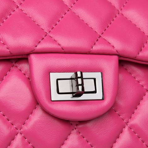 Rosaire « Madeleine » Quilted Lambskin Leather Shoulder Flap Mini Bag with Chain / Magenta Color / 75111