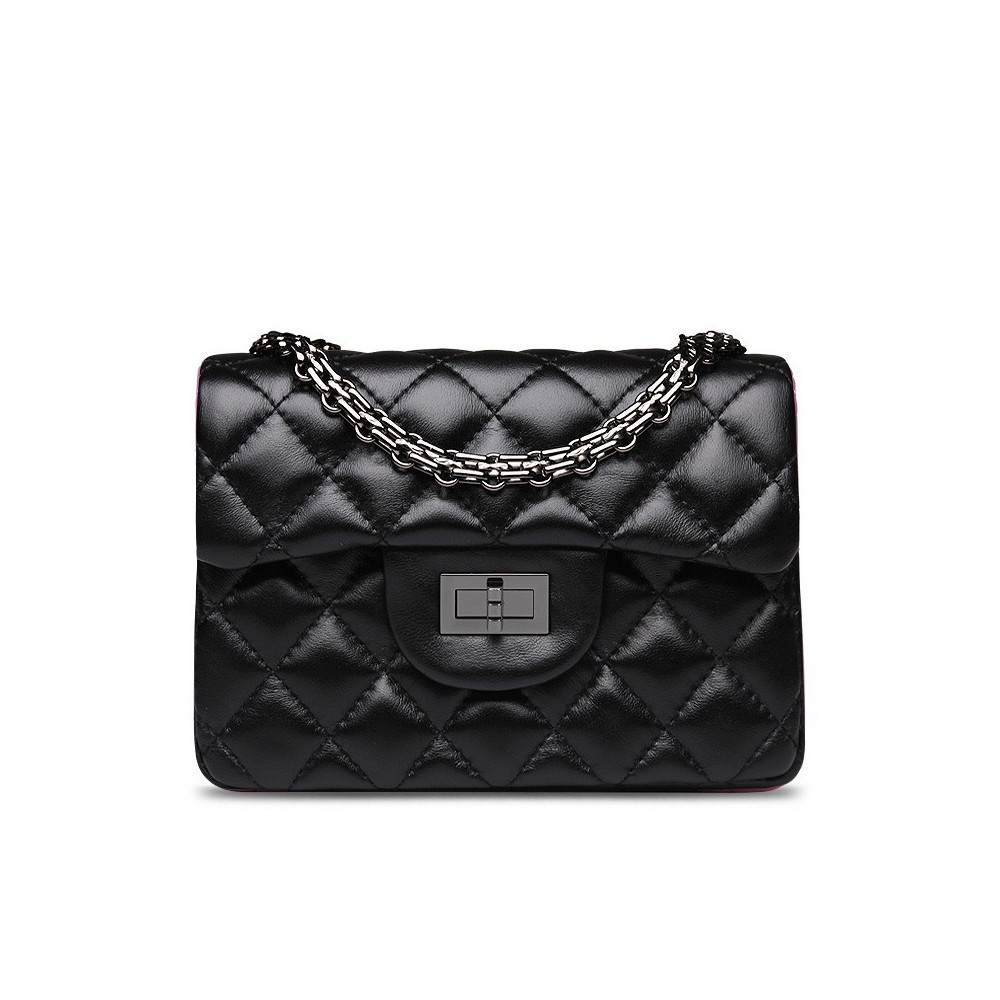 Rosaire « Madeleine » Quilted Lambskin Leather Shoulder Flap Mini Bag with  Chain / Black Color / 75111