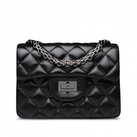 Rosaire « Madeleine » Quilted Lambskin Leather Shoulder Flap Mini Bag with  Chain / Black Color / 75111