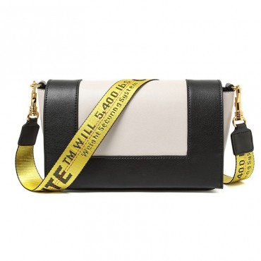 Eldora Genuine Leather Shoulder Bag with Yellow Shoulder Strap Black White 76360