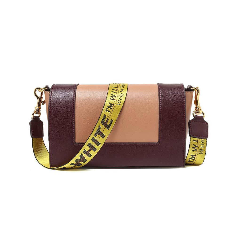 Eldora Genuine Leather Shoulder Bag with Yellow Shoulder Strap Khaki Dark Red 76360