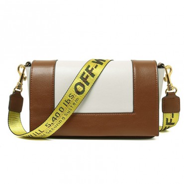Eldora Genuine Leather Shoulder Bag with Yellow Shoulder Strap Brown White 76360