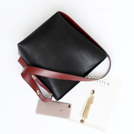 Eldora Genuine Leather Bucket Bag Black 76374
