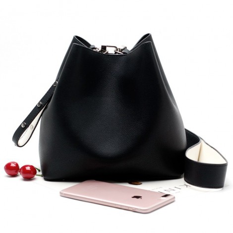 Eldora Genuine Leather Bucket Bag Black 76377