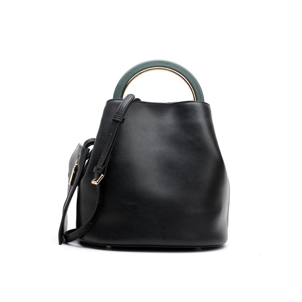Eldora Genuine Leather Bucket Bag Black 76406