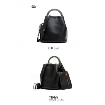 Eldora Genuine Leather Bucket Bag Black 76406