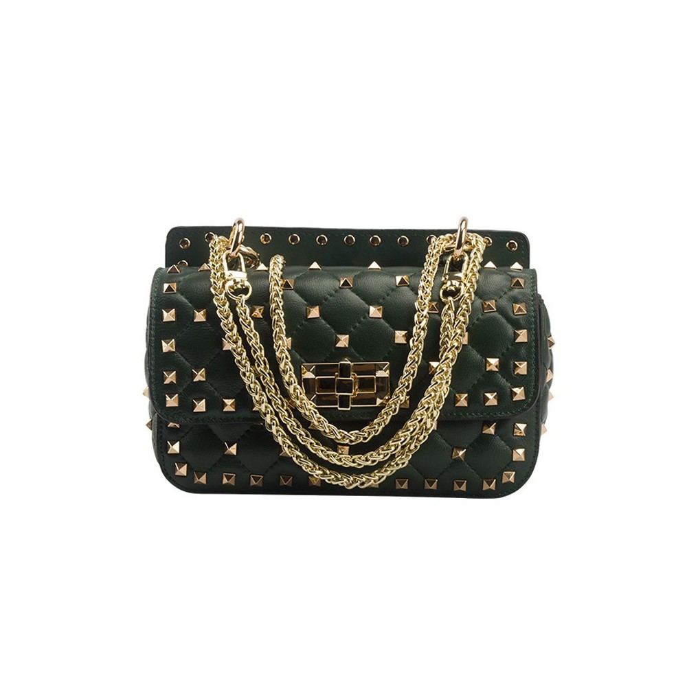 Eldora « Cynthia » Genuine Sheepskin Leather Quilted & Studded Top Handle Flap Bag Black 76446