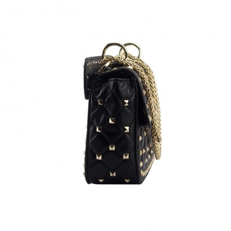 Eldora « Cynthia » Genuine Sheepskin Leather Quilted & Studded Top Handle Flap Bag Black 76446