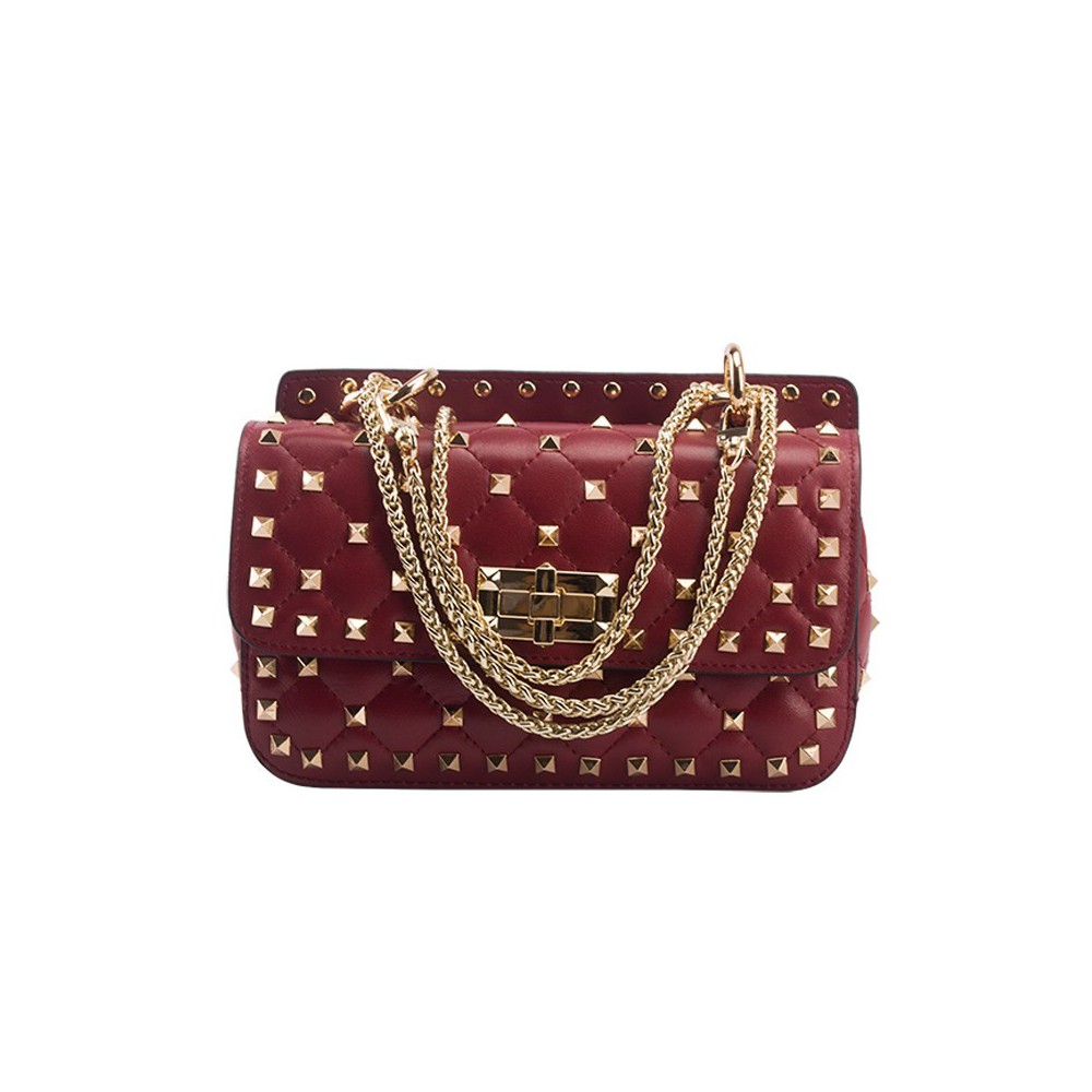 Eldora « Cynthia » Genuine Sheepskin Leather Quilted & Studded Top Handle Flap Bag Red Wine 76446