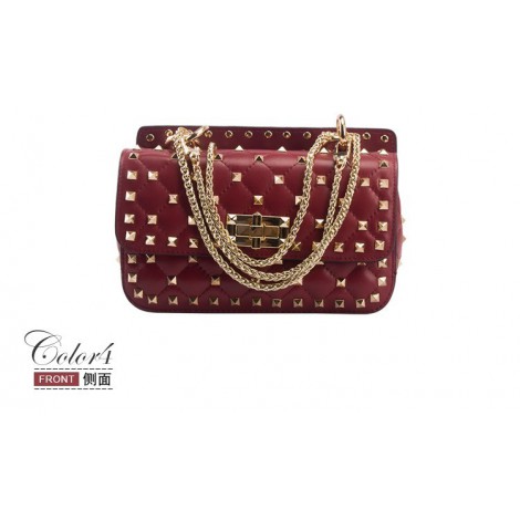 Eldora « Cynthia » Genuine Sheepskin Leather Quilted & Studded Top Handle Flap Bag Red Wine 76446