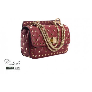 Eldora « Cynthia » Genuine Sheepskin Leather Quilted & Studded Top Handle Flap Bag Red Wine 76446