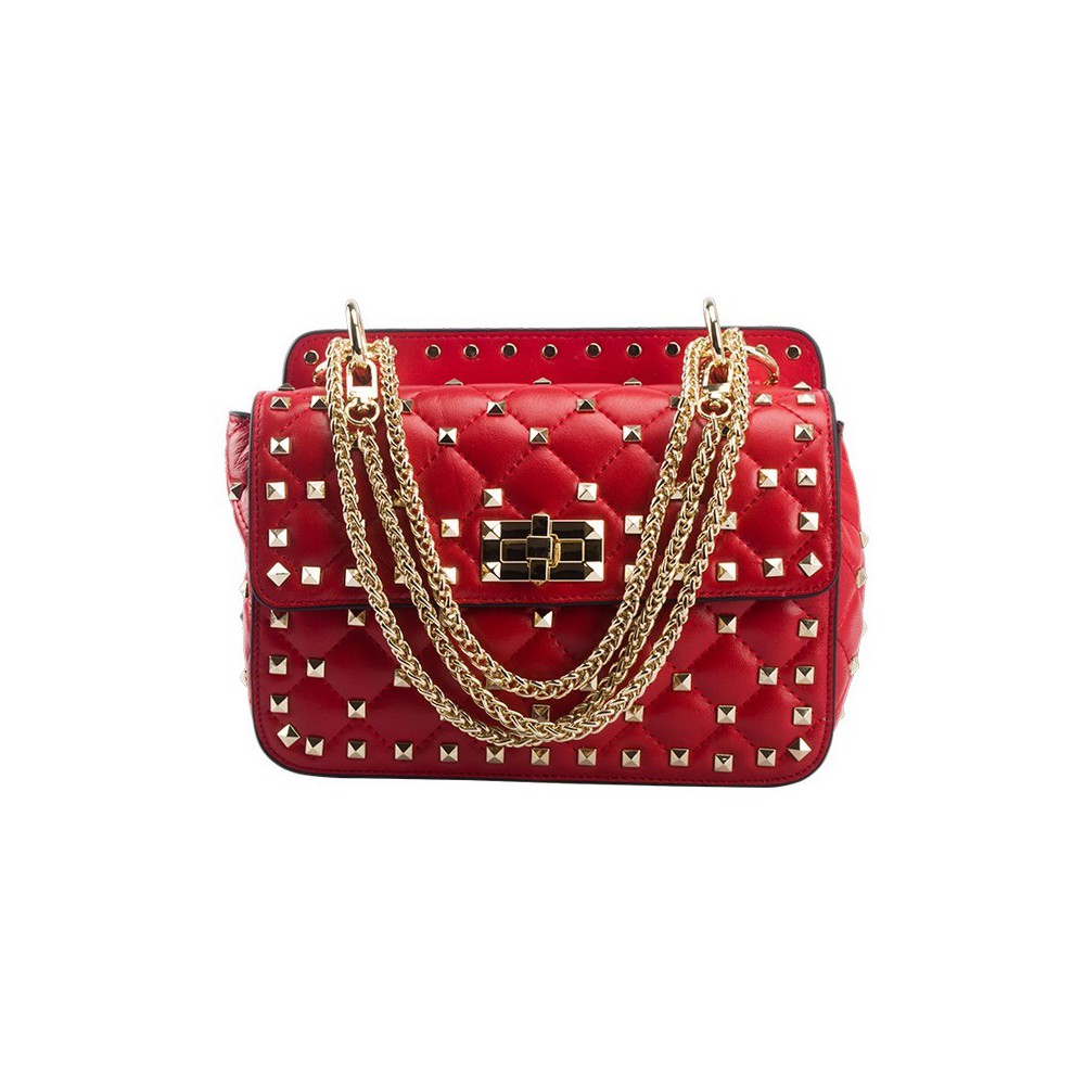 Eldora « Cynthia » Genuine Sheepskin Leather Quilted & Studded Top Handle Flap Bag Red 76446