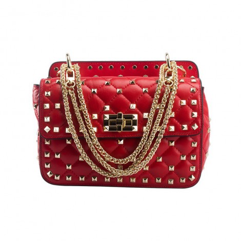 Eldora « Cynthia » Genuine Sheepskin Leather Quilted & Studded Top Handle Flap Bag Red 76446