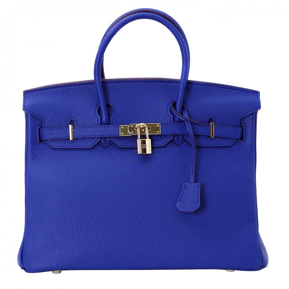 Rosaire « Beaubourg » Genuine Cowhide Full Grain Leather Top Handle Bag Padlock in Blue Electric / Gold 15881