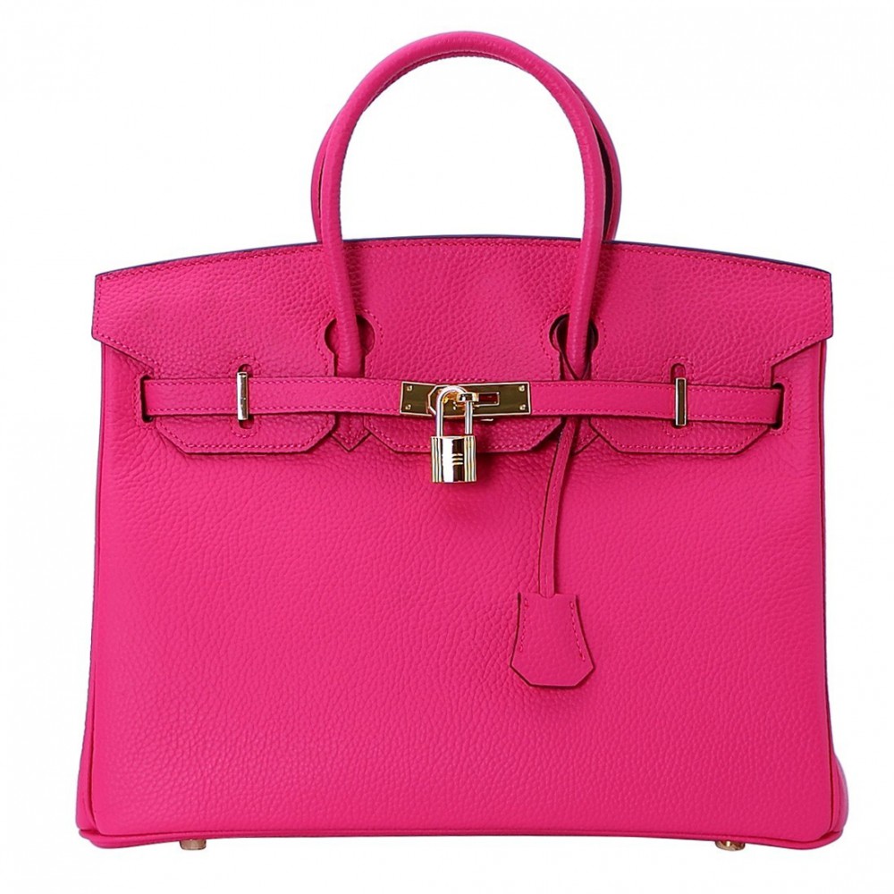 Rosaire « Beaubourg » Top Handle Bag Made of Genuine Togo Full Grain Leather with Padlock in Rose Tyrien Color / Gold 15881