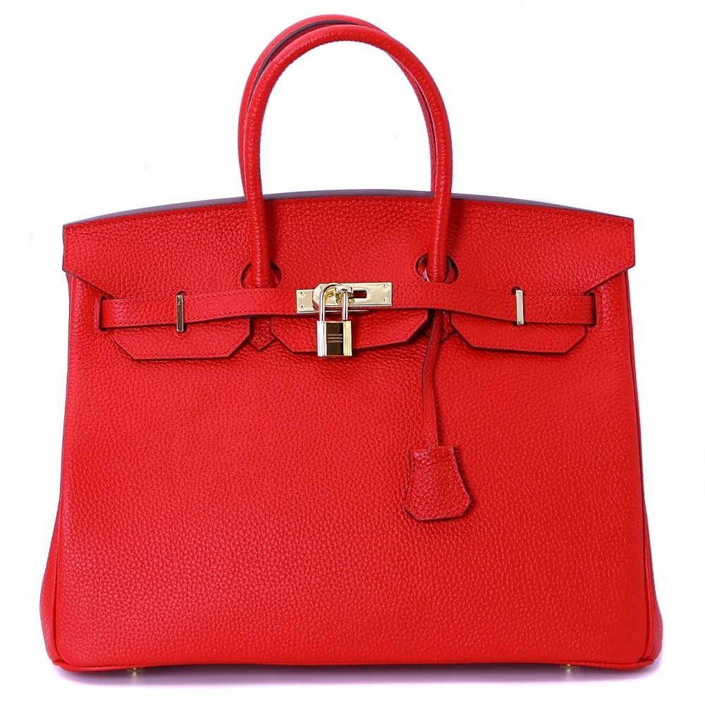 Rosaire « Beaubourg » Genuine Cowhide Full Grain Leather Top Handle Bag  Padlock in Red / Gold 15881