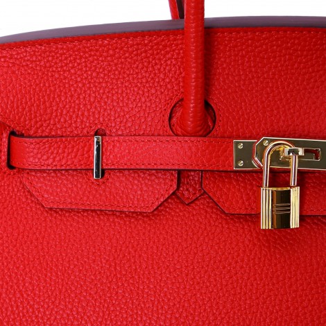Rosaire « Beaubourg » Genuine Cowhide Full Grain Leather Top Handle Bag Padlock in Red / Gold 15881