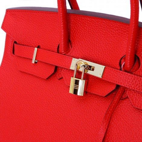 Rosaire « Beaubourg » Genuine Cowhide Full Grain Leather Top Handle Bag Padlock in Red / Gold 15881