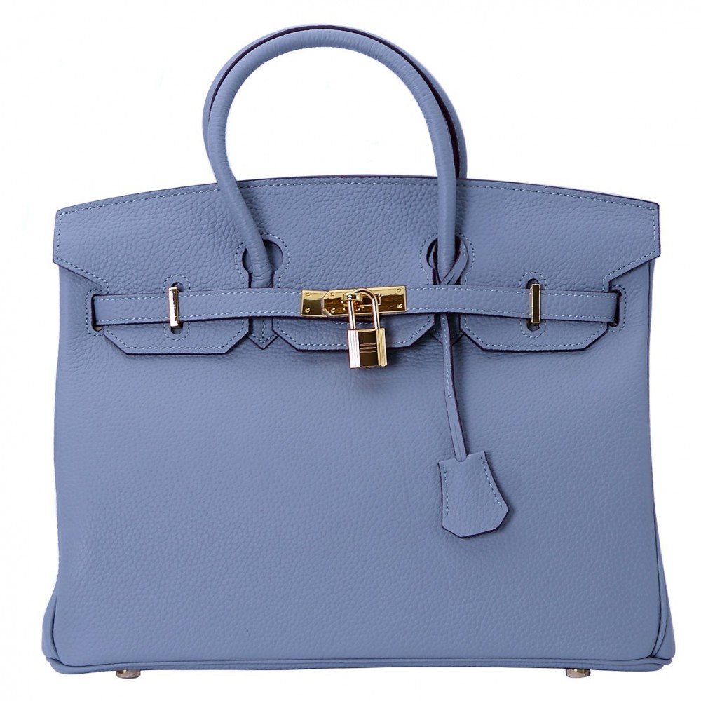 Rosaire « Beaubourg » Top Handle Bag Made of Genuine Togo Full Grain Leather with Padlock in Light Blue Color / Gold 15881