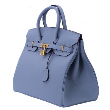 Rosaire « Beaubourg » Top Handle Bag Made of Genuine Togo Full Grain Leather with Padlock in Light Blue Color / Gold 15881