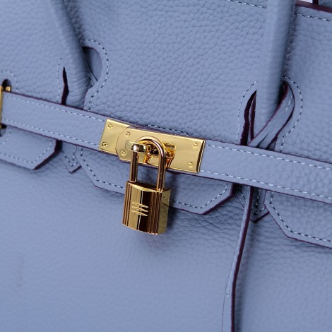 Rosaire « Beaubourg » Top Handle Bag Made of Genuine Togo Full Grain Leather with Padlock in Light Blue Color / Gold 15881