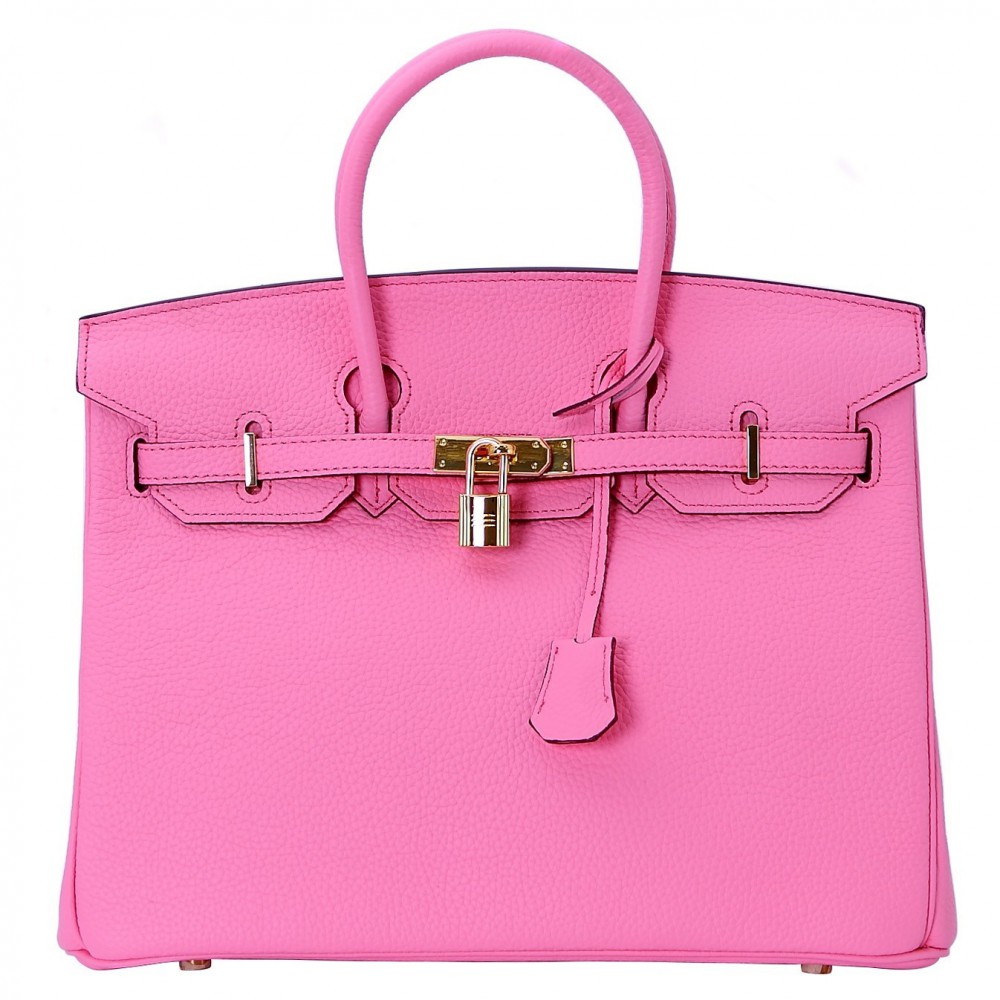 Rosaire « Beaubourg » Top Handle Bag Made of Genuine Togo Full Grain Leather  with Padlock in Pink Color / Gold 15881