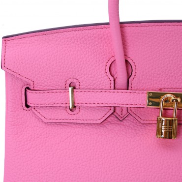 Rosaire « Beaubourg » Top Handle Bag Made of Genuine Togo Full Grain Leather with Padlock in Pink Color / Gold 15881