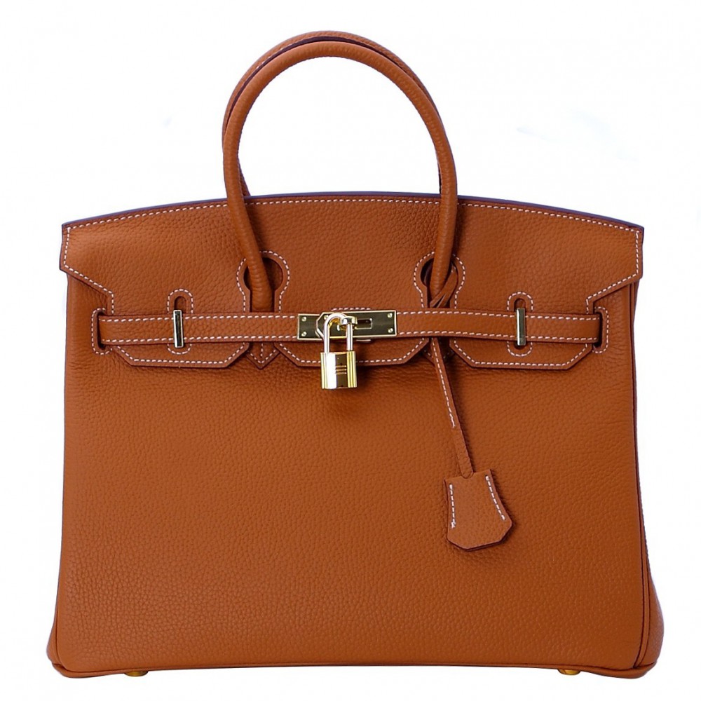 Rosaire « Beaubourg » Top Handle Bag Made of Genuine Togo Full Grain Leather with Padlock in Brown Color / Gold 15881