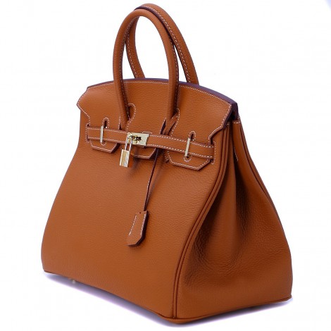 Rosaire « Beaubourg » Top Handle Bag Made of Genuine Togo Full Grain Leather with Padlock in Brown Color / Gold 15881