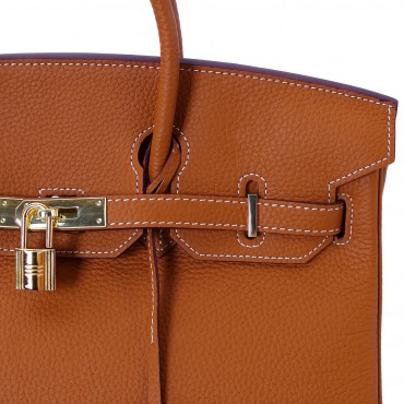 Rosaire « Beaubourg » Top Handle Bag Made of Genuine Togo Full Grain Leather with Padlock in Brown Color / Gold 15881