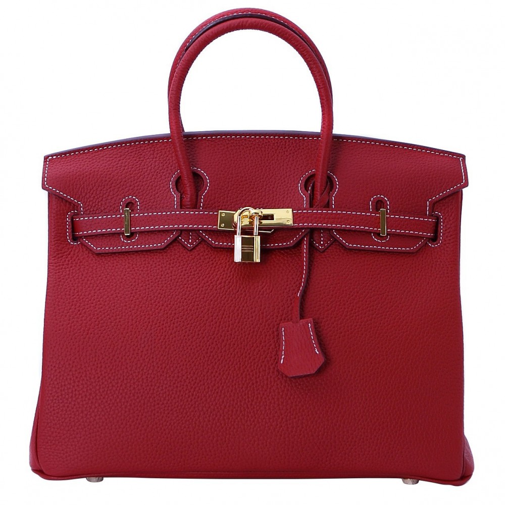 Rosaire « Beaubourg » Top Handle Bag Made of Genuine Togo Full Grain Leather with Padlock in Red Wine Color / Gold 15881