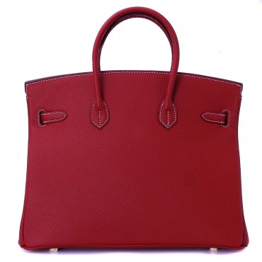 Rosaire « Beaubourg » Top Handle Bag Made of Genuine Togo Full Grain Leather with Padlock in Red Wine Color / Gold 15881