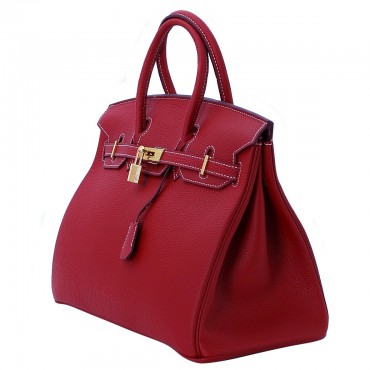 Rosaire « Beaubourg » Top Handle Bag Made of Genuine Togo Full Grain Leather with Padlock in Red Wine Color / Gold 15881