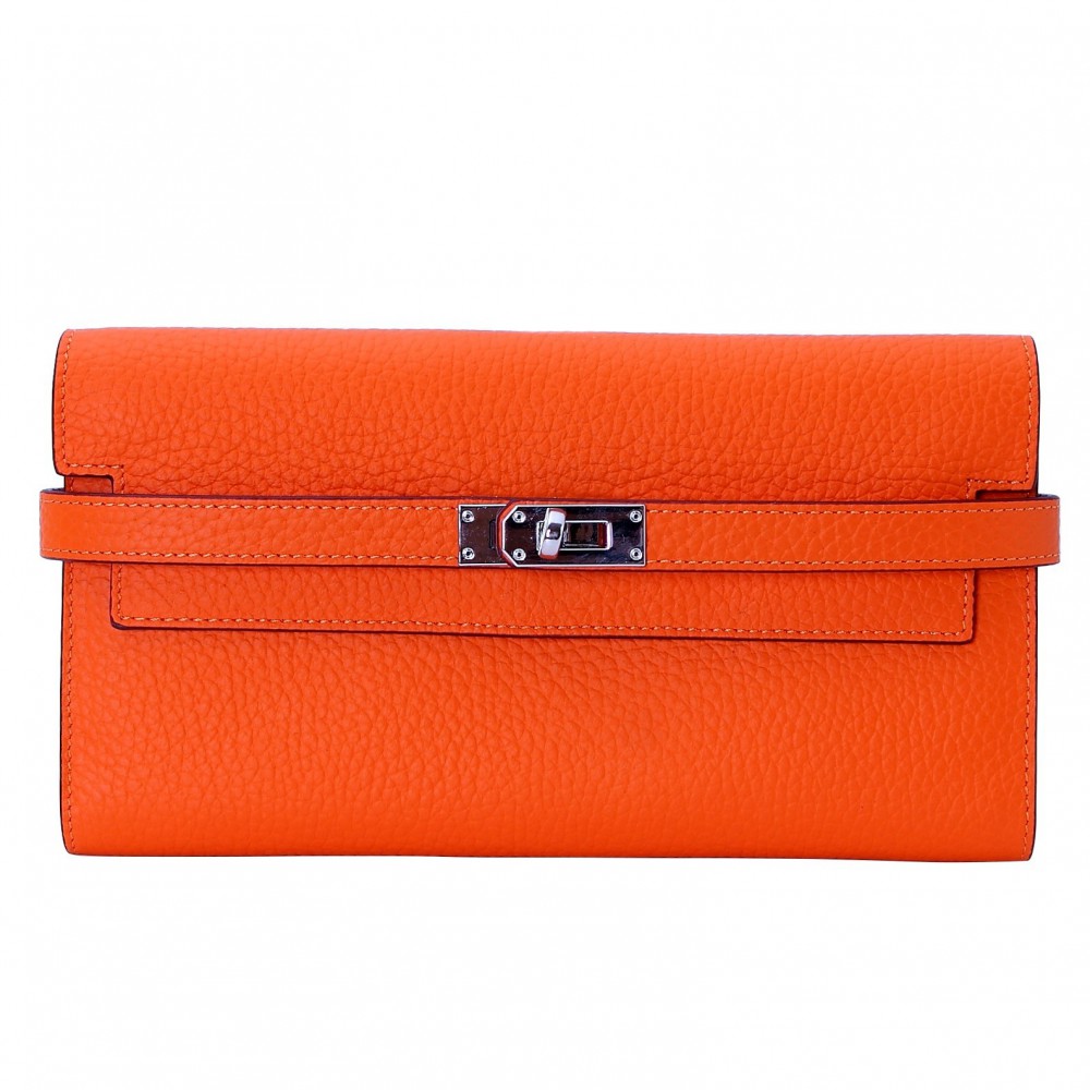 Rosaire « Havana » Women's Togo Leather Wallet with Strap Closure Orange Color 15988