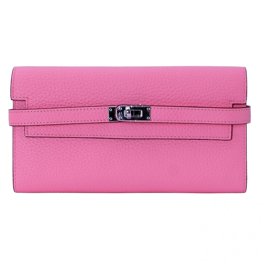 Rosaire « Havana » Women's Togo Leather Wallet with Strap Closure Pink Color 15988