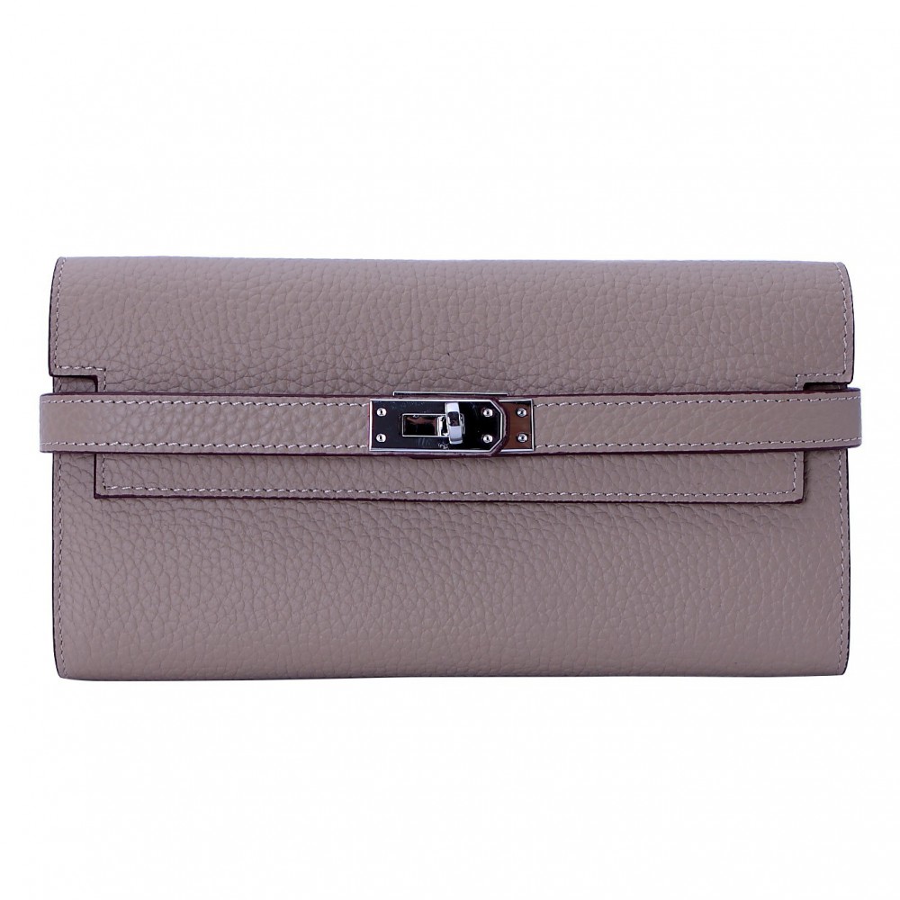 Rosaire « Havana » Women's Togo Leather Wallet with Strap Closure Taupe Color 15988