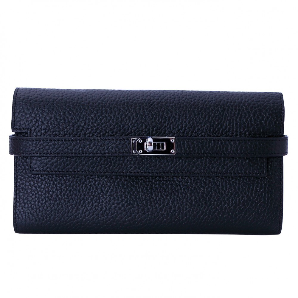 Rosaire « Havana » Women's Togo Leather Wallet with Strap Closure Black Color 15988