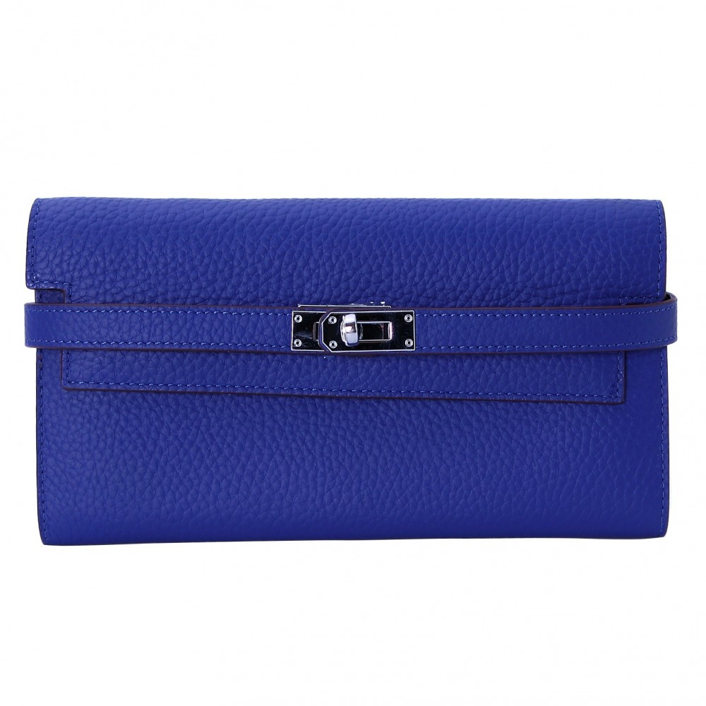 Rosaire « Havana » Women's Togo Leather Wallet with Strap Closure Electric Blue Color 15988