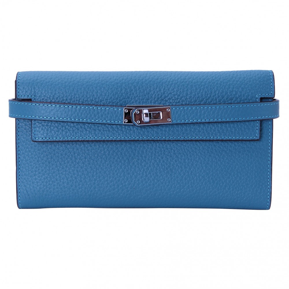 Rosaire « Havana » Women's Togo Leather Wallet with Strap Closure Blue Color 15988
