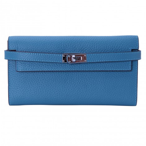 Rosaire « Havana » Women's Togo Leather Wallet with Strap Closure Blue Color 15988