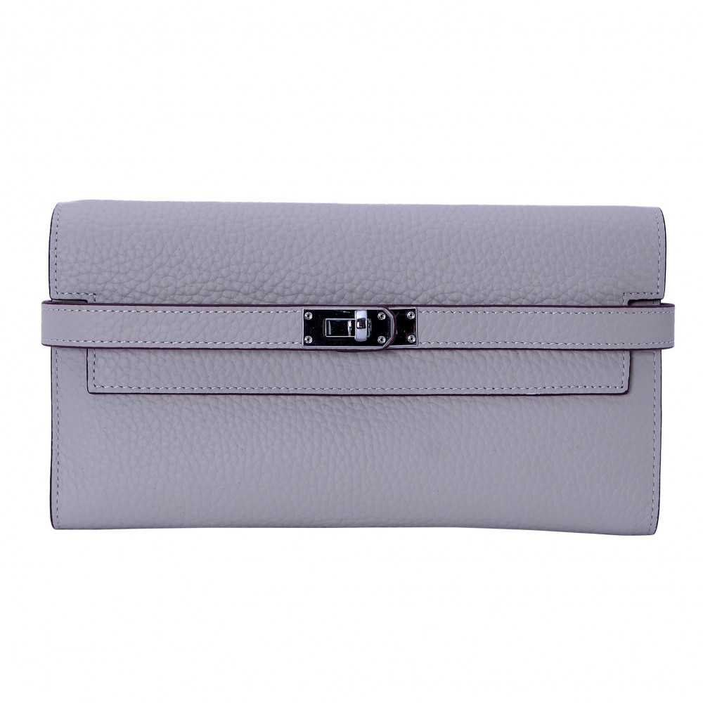 Rosaire « Havana » Women's Togo Leather Wallet with Strap Closure Light Gray Color 15988