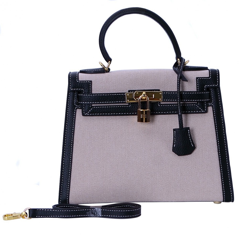 Rosaire « Capucine » Top Handle Bag Made of Togo Leather and Canvas with Shoulder Strap and Padlock / Black Color 75163