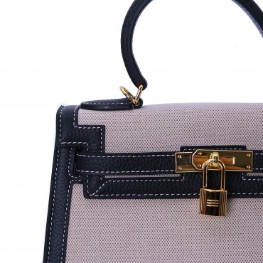 Rosaire « Capucine » Top Handle Bag Made of Togo Leather and Canvas with Shoulder Strap and Padlock / Black Color 75163