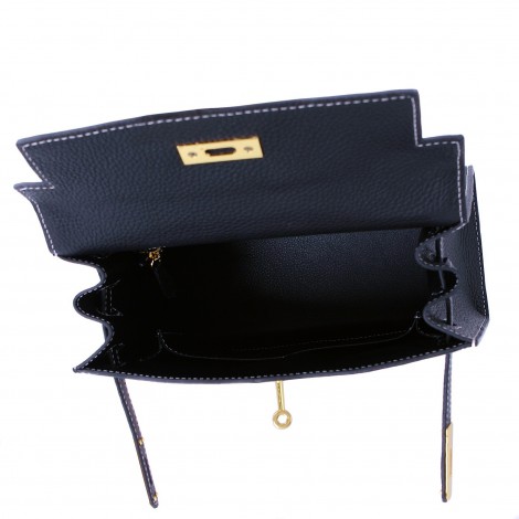 Rosaire « Capucine » Top Handle Bag Made of Togo Leather and Canvas with Shoulder Strap and Padlock / Black Color 75163