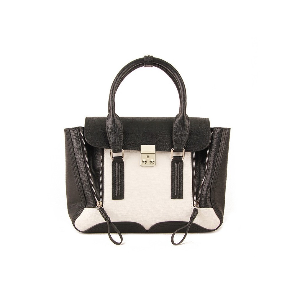 Rosaire « Royston » Satchel Bag Made of Genuine Cowhide Leather in Black & White Color / 75308 Rosaire « Royston » Satchel Bag Made of Genuine Cowhide Leather in Black & White Color / 75308