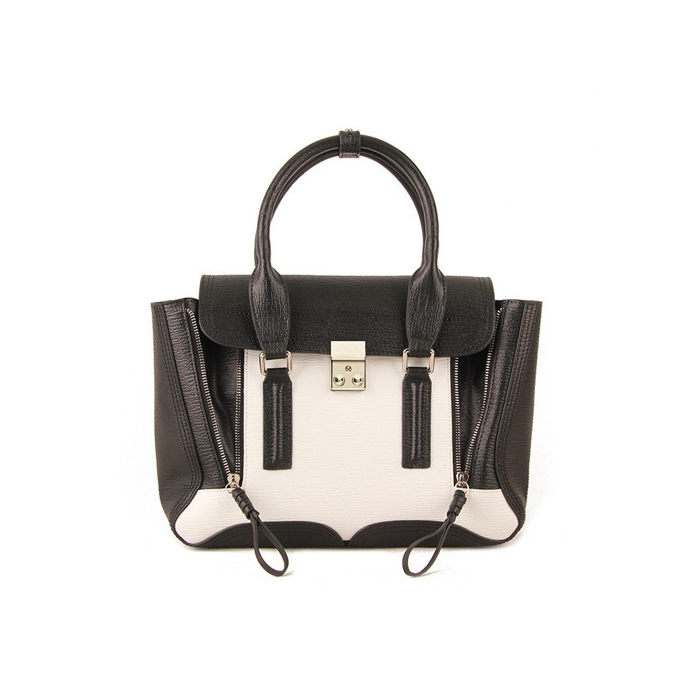 Rosaire « Royston » Satchel Bag Made of Genuine Cowhide Leather in Black & White Color / 75308