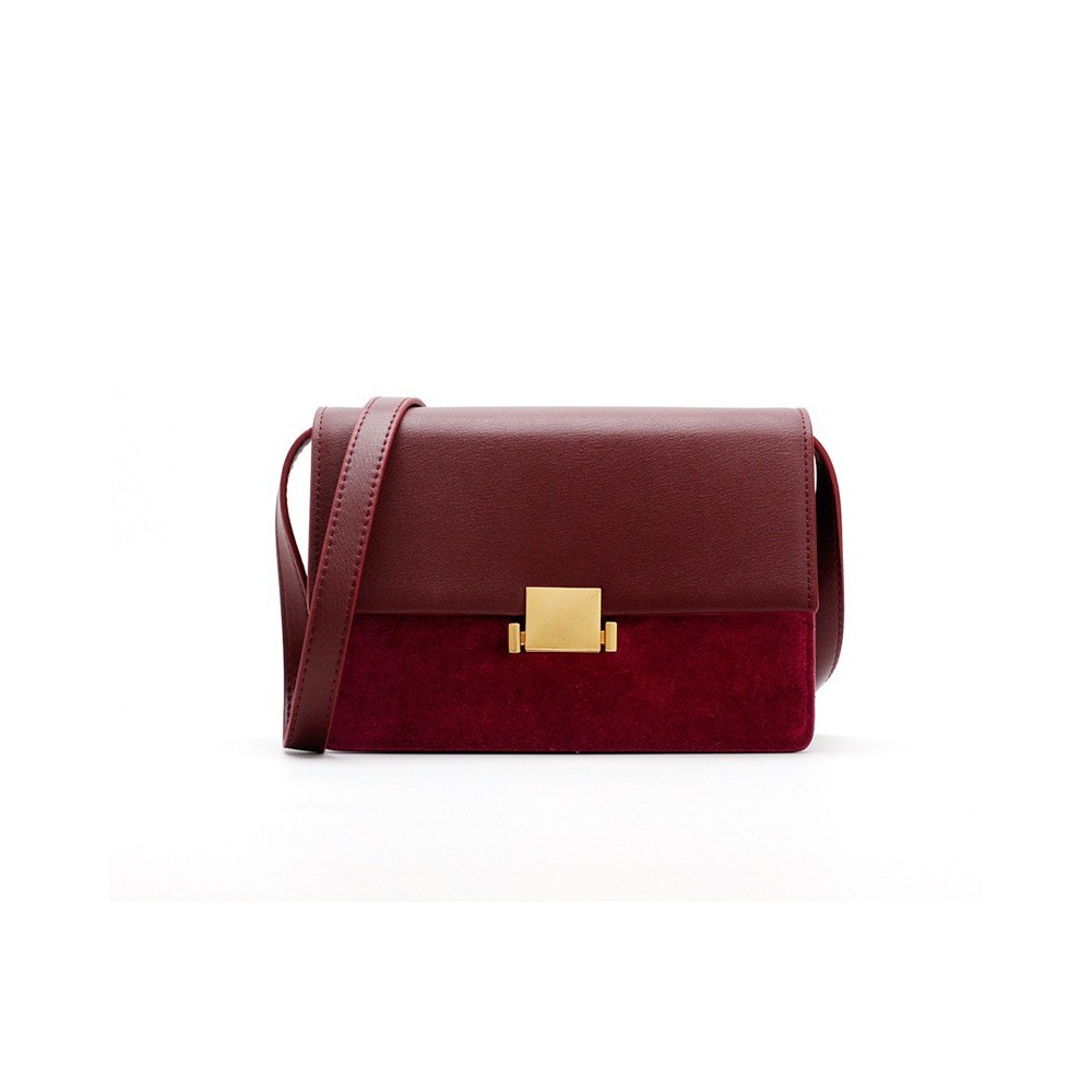 Eldora « Gretchen » Satchel Bag Genuine Cow Leather & Suede Leather Red Wine Color 76369