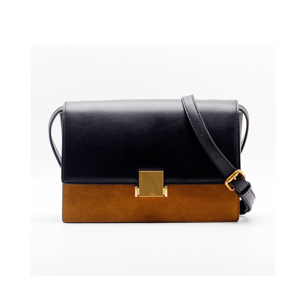 Eldora « Gretchen » Satchel Bag Genuine Cow Leather & Suede Leather Black and Brown Color 76369