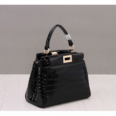 Rosaire « Duomo » Top Handle Bag Cowhide Leather Crocodile Pattern Black 76201