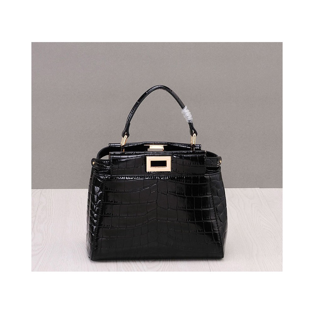 Rosaire « Duomo » Top Handle Bag Cowhide Leather Crocodile Pattern Black 76201